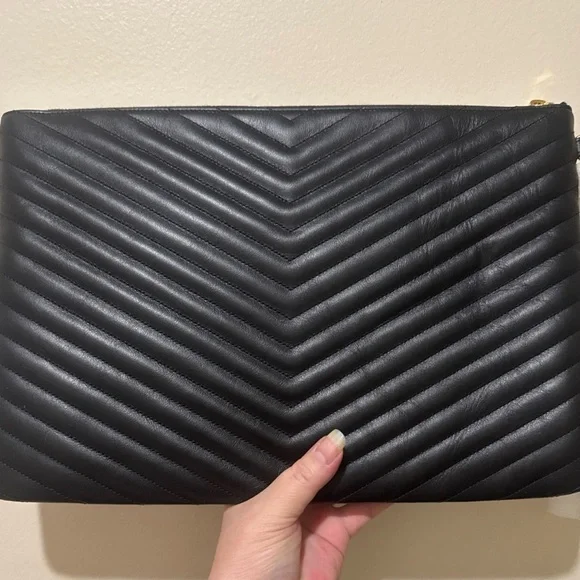 Yves Saint Laurent Black Sizable Clutch with detachable wristlet with gold YSL. - Picture 2 of 16